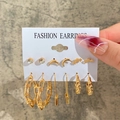 French vintage 6-piece gold earring set with pearls, stars, and moon studs on display card - Star Moon and Chain Paperclip Fashion Set (5312002)