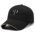 Casquette de baseball classique noire en tissu ananas avec broderie P dorée élégante - Réglable / Noir avec broderie noire