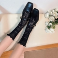 Japanese style black lace bow mid-calf socks paired with classic black Mary Jane shoes - One Size / Black Slouch Socks