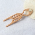 Elegant U-shaped wave hair fork in beige resin with golden ornament on white background - 9cm Fishtail Double Prong (Labeled Nude) / 9cm U-Shaped Hair Fork / Nude