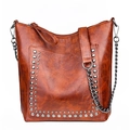 Vintage brown PU leather shoulder bag with silver rivet studs and chain strap - Style 2 / Brown