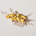 Elegant bridal hair comb with yellow fabric flowers and white pearls on golden metal leaf base - Large Hair Comb / Yellow