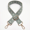 Macro detail of bohemian jacquard embroidered bag strap with golden metal hardware - Silver Clasp / Bean Green White