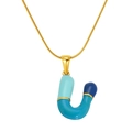 Colorful enamel letter U pendant necklace with blue tones and golden snake chain - Letter U(S640G-002-U)