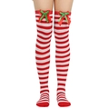 Detail of red and white striped over-knee socks with festive red and green bow accents - One Size / Red Green Bowknot Decor / Red and White Striped