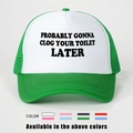 Close-up of mesh trucker hat featuring funny bold text print and adjustable strap detail - One Size / Green