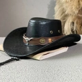 Retro black western cowboy hat with silver bull head detail and brown leather band - Bull Head Crack / Black