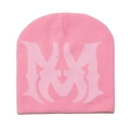 Detailed knit texture of pink winter beanie with light pink jacquard logo lettering - M (56-58cm) / Pink