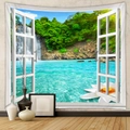 Detail view of a 3D window view tapestry showing waterfalls and blooming lotuses - Waterfall & Lotus (GT805-7) - Brushed Fabric / 73X95CM