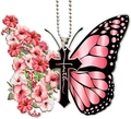 Detail of butterfly pendant with floral wings and black cross featuring 'faith' text - Pink Flower Style / Standard