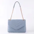 Pale blue V-quilted shoulder bag with elegant gold chain strap and soft leather finish - Blue