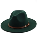 Detail of dark green wool felt fedora with a brown leather strap and gold metal buckle - M (56-58cm) / Dark Green