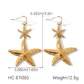 Detailed view of 18k gold plated starfish earrings with hammered texture and dimensions - Double Layer Gold Starfish Drop Style (HC-E11055)