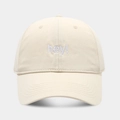Close-up of hey! purple embroidery on cream cotton baseball cap with stitched details - Beige