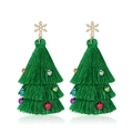 Green Christmas tree tassel earrings with golden snowflake charm on white background - Snowflake Christmas Tree Tassel Earrings