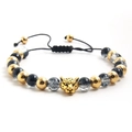 Beaded bracelet with golden leopard head charm and adjustable woven cord strap - Black/Gold