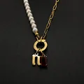 14K gold plated stainless steel pearl necklace with gothic letter n and red gemstone - Gothic Letter N
