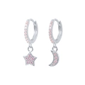 Asymmetric silver star and moon earrings with sparkling pink rhinestones - Silver Pink