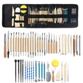 Professional pottery clay carving tool set with wooden handles and rolling storage bag - 52-piece Clay Tool Set [type A] / Leather Bag