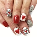 Unghie finte corte stile francese con cuori rossi, pois bianchi e glitter argento lucido - CW462-Rosso Bianco Argento Cuori Pois