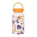 Off-white 650ml wide-mouth insulated bottle with floral print and orange handle - Purple Flower Orange Lid