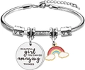 Silver snake chain bracelet with rainbow charm and inspirational engraved pendant - Rainbow Style