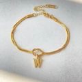 Golden 18K stainless steel double snake chain bracelet with knot and W letter charm - Gold-W
