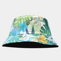 Detail of tropical rainforest print with monstera and blue hibiscus on a wide-brim bucket hat - Tropical Rainforest Monstera Print (Color #5)