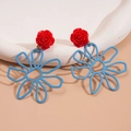 Artistic red rose earrings with large blue hollow flower frames and silver needles - Red and Blue Contrast (Silver Needle - Blue)
