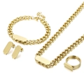 Gouden Cubaanse schakel sieradenset met rechthoekige plaat, ketting, armband en oorbellen - Ketting+Armband+Ring+Oorbellen 4-delige Set (KS140335-BLX) / Gouden Stijl (Ringmaat 8)