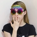 Rainbow gradient Happy New Year party glasses with round lenses and hollowed text design - Colorful Double Layer Round New Year Glasses