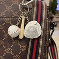 Three-piece baseball keychain with white ball, wooden bat and glove on a bag strap - 2CM All White Baseball Keychain