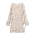 Elegant beige crochet knit long sleeve dress with round neck and intricate lace texture - One Size / Apricot