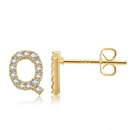 Detailed macro view of gold-plated letter Q stud earring with sparkling cubic zirconia - Style Q