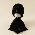 Kids black knit beanie and scarf set with white heart embroidery for winter warmth - Set / Black