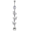 Silver-tone navel ring with marquise zircon leaf clusters and a teardrop pendant - Silver Leaf