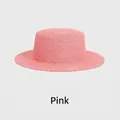 Pink French style flat top boater straw hat for women summer beach sun protection - 54-58cm / Pink