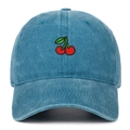 Close-up of fine cherry embroidery on blue washed cotton twill baseball cap fabric - Lake Blue