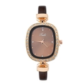Elegant rose gold oval quartz watch with rhinestones and a slim brown leather strap - Brown