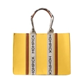 Gelbe Filz-Tote-Bag mit braunem Lederbesatz und MOMPICK-bedruckten Webgriffen - Gelb