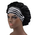 Black satin hair bonnet with zebra print headband for curly hair protection - 32cm / Black White Zebra