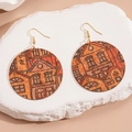 Bohemian round drop earrings with vintage European architecture print on cork texture - Brown House Architecture Round (7#)