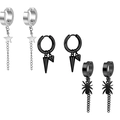 Three pairs of black and silver stainless steel earrings with star and spider charms - Set 21 (Black Silver - Star Tassel/Cone/Spider Chain)
