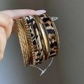 Set of 10 layered metal and leopard print leather bangles with gold textured finish - Gold Coffee Leopard Set