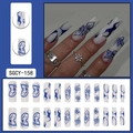 Long coffin glitter blue butterfly press-on nails with white flame art 24pcs set - White Blue Flame Butterfly Coffin Style (SGCY-158)