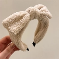 Chic beige plush teddy fabric headband with large bowknot for stylish hair styling - White Bow Plush Style