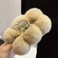 Plush khaki faux fur pom-pom hair claw clip with large transparent shark grip - Khaki