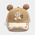 Detailed view of kids' khaki mesh cap with 3D bear ears and cartoon patch design - 52cm (2-5 Years) / Dark Khaki