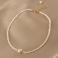Minimalist rice pearl necklace with a pink pearl center and golden lobster clasp closure - White Rice Bead Pink Round Bead Gold Buckle Style (G-d-030)
