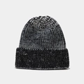 Close-up of marled grey and black chunky knit beanie featuring a wide ribbed cuff - Black